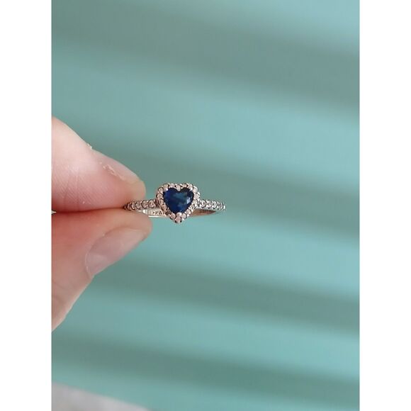 Pandora Sparkling Blue Elevated Heart Ring Size 7 S925 ALE Silver, Zirconia Halo - Picture 7 of 12